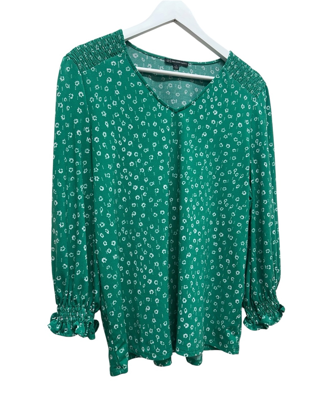 Adrianna Papell Womens Ditsy Floral Blouse Green White Boho Cottage Smocked Sz L - Picture 2 of 9